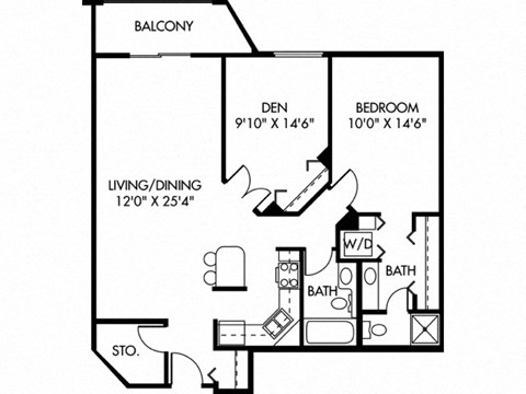 Floor plan for 2 beds, 2 baths, 1019 sqft